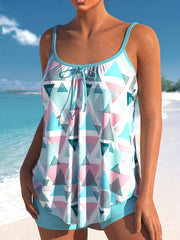 Triangle Print Tankini Set Women's Tie Cami Top & Shorts Swimsuit