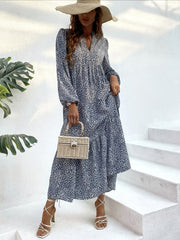 Leopard Print Maxi Dress Boho V Neck Lantern Sleeve Dress