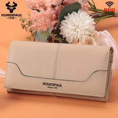 HUMERPAUL Women's Vintage Long Wallet Top Grain Leather Beige Button Closure