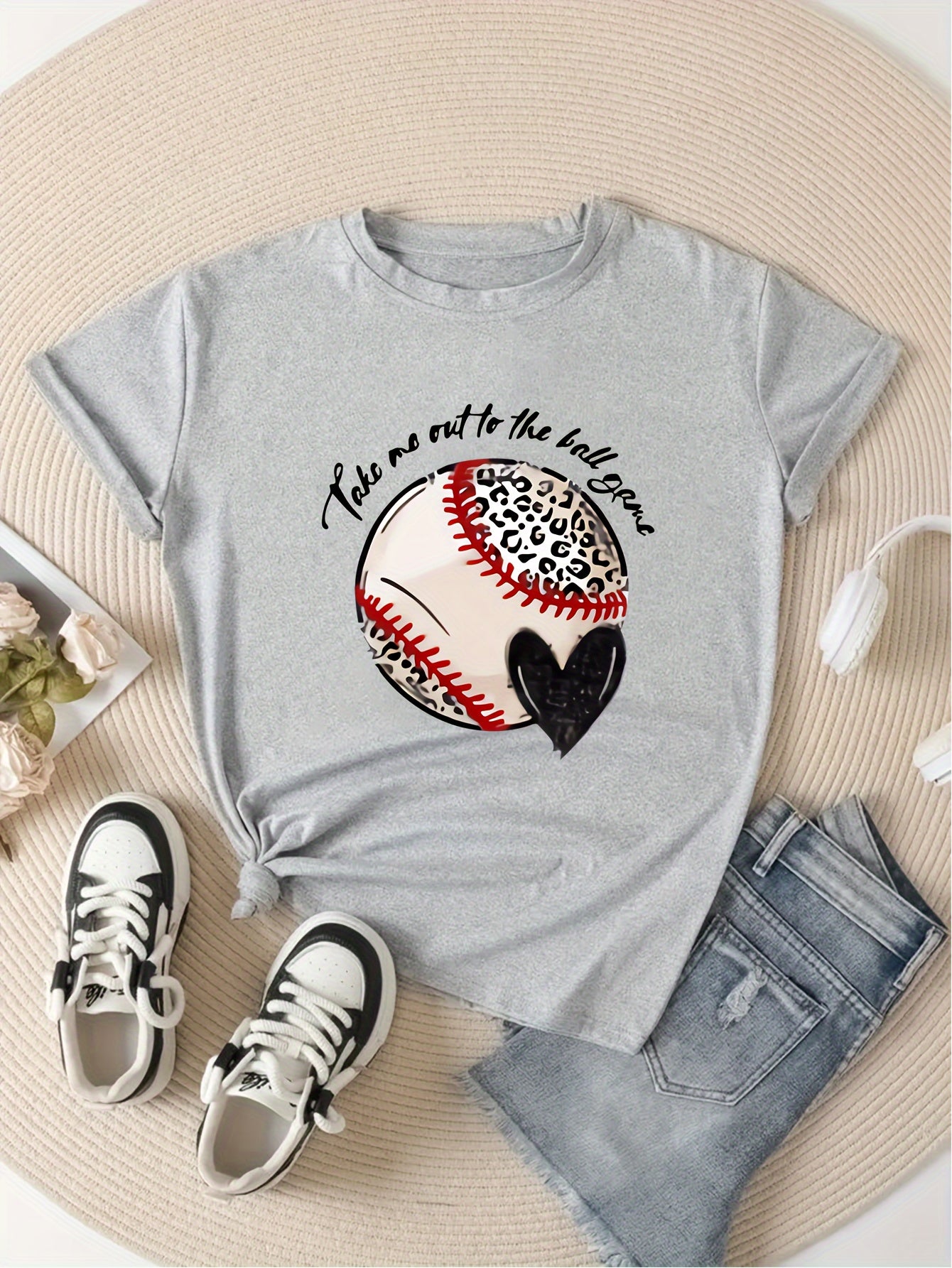 Baseball Graphic Short Sleeve Sports T shirt Round Neck