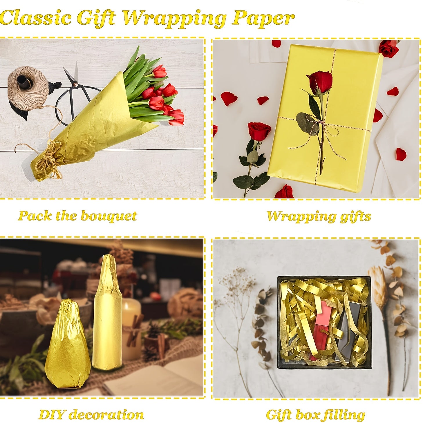 40 Metallic Golden Tissue Paper Sheets for DIY Crafts, Pack Bags, 49x53x69.85 cm
