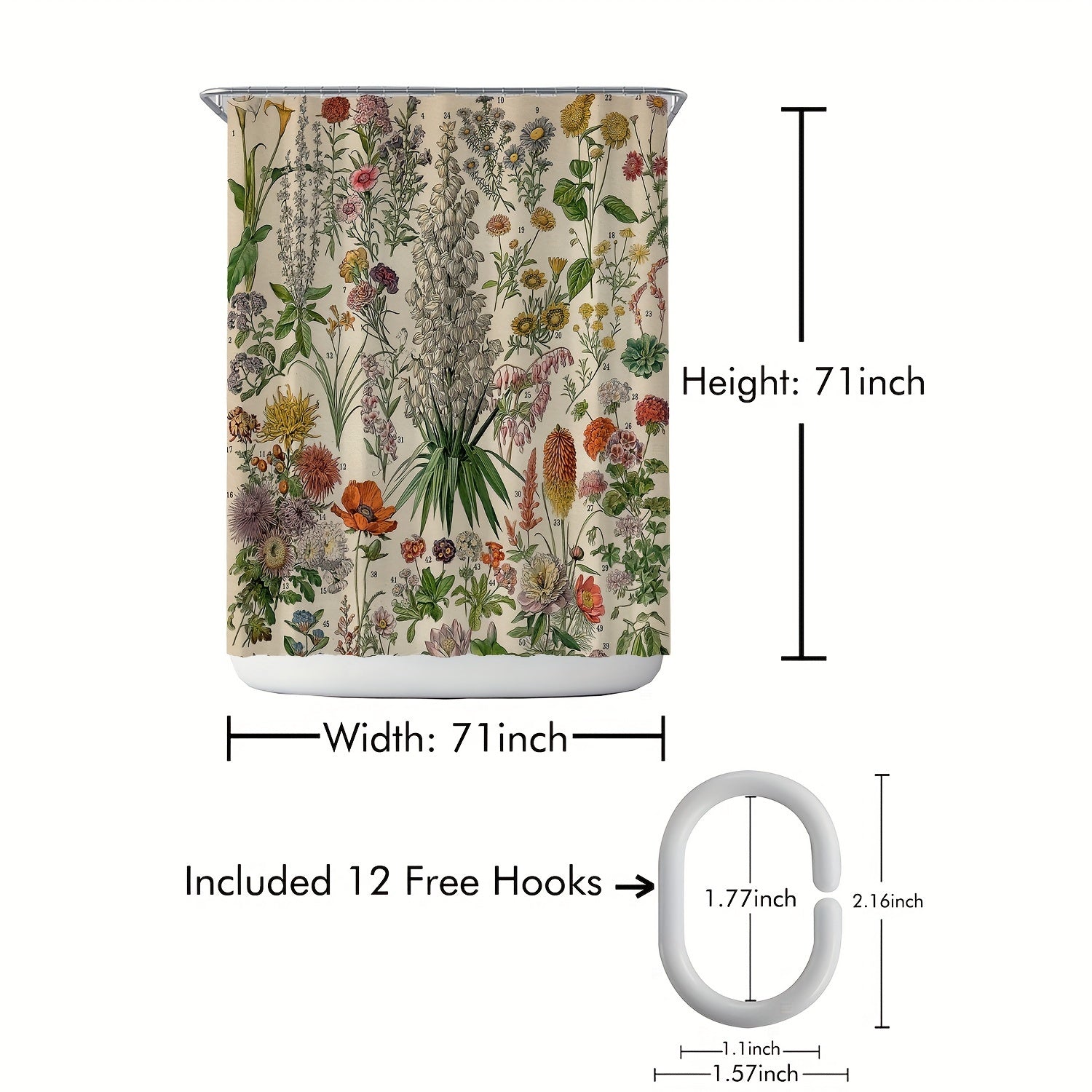 Green Floral Print Shower Curtain Waterproof Fabric Bathroom Decor 180x180