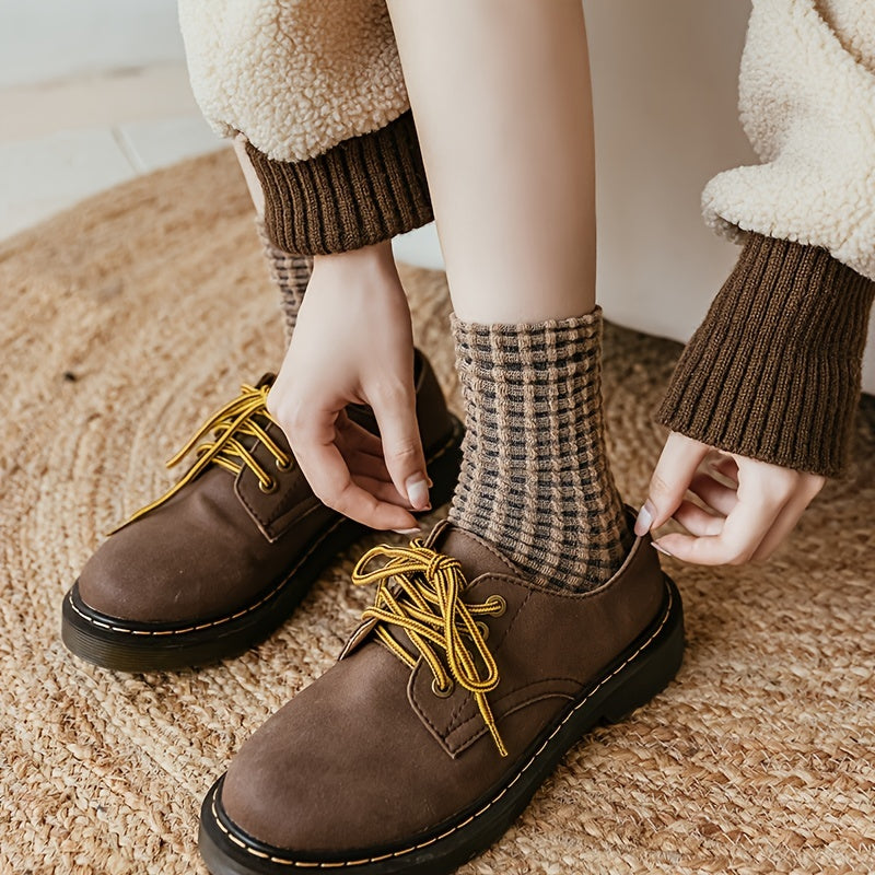 5 Pairs Plaid Textured Socks Comfy & Breathable Women's Stockings