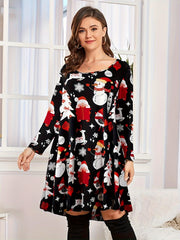 Christmas Dress Women's Plus Allover Print Long Sleeve