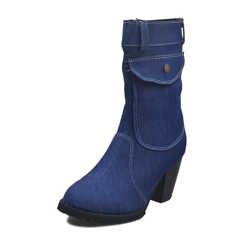 Women's Denim Mid Calf Boots Side Zipper Chunky High Heeled Boots