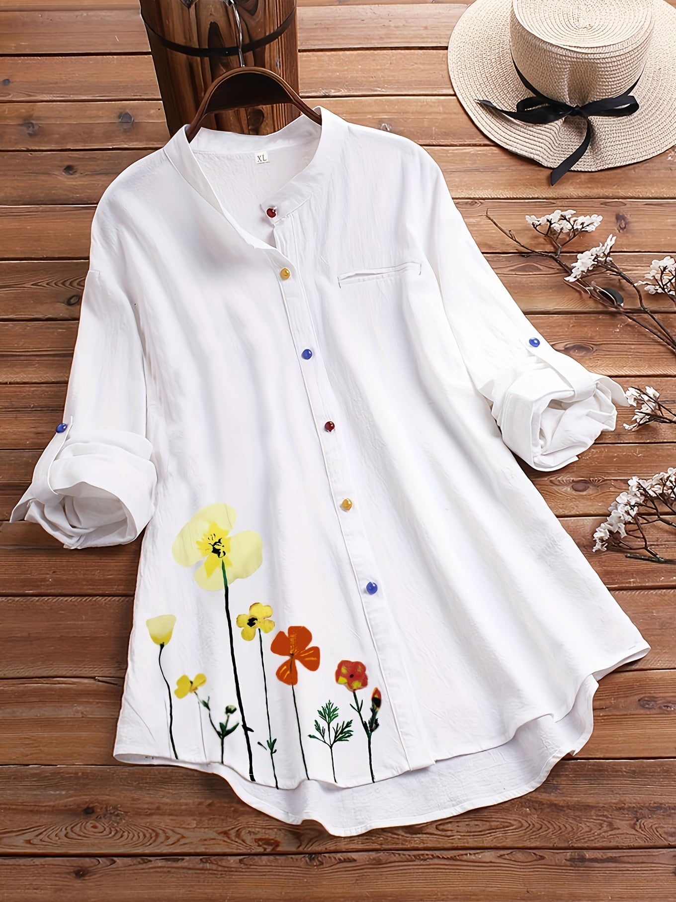 Casual Shirt Women's Plus Floral Print Long Sleeve Colorful Button
