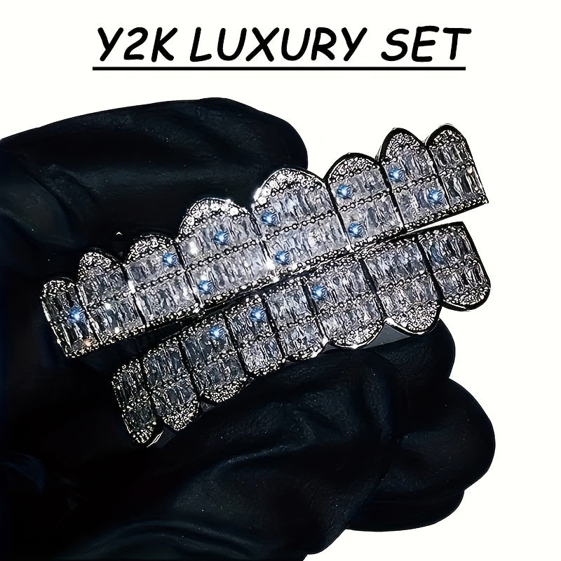 18K Unisex Big Gold Teeth Square Pave CZ 8 Teeth Top Bottom