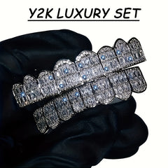 18K Unisex Big Gold Teeth Square Pave CZ 8 Teeth Top Bottom