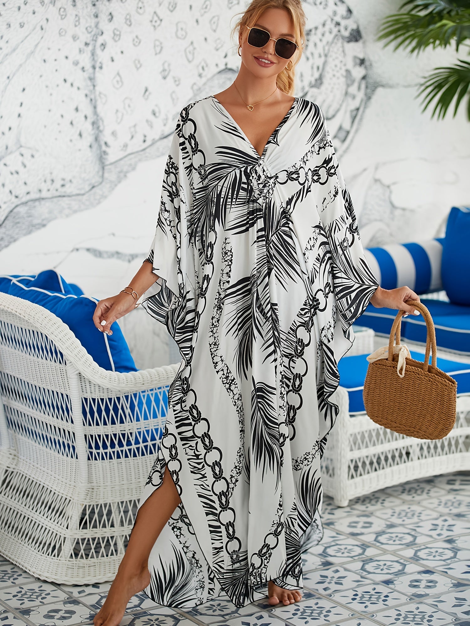 Leaf Print Bat Sleeve V Neck Cover Up Dress