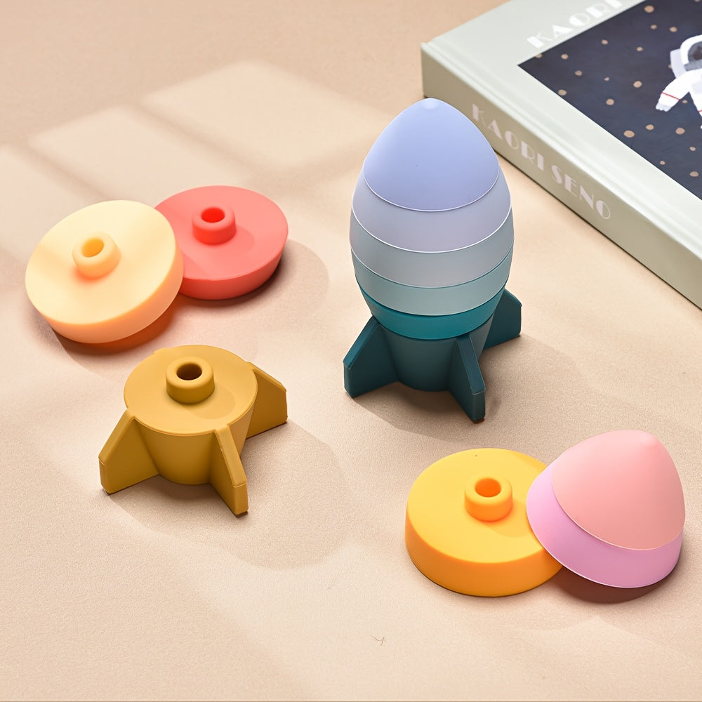 Silicone Stacking Toys for Kids Rocket Building Blocks Pink & Yellow