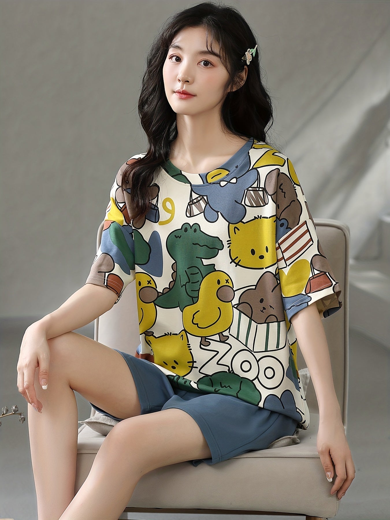 Cartoon Print Pajama Set Short Sleeve Top & Cozy Shorts Women's Loungewear