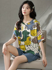 Cartoon Print Pajama Set Short Sleeve Top & Cozy Shorts Women's Loungewear