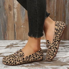 Leopard Print Rhinestone Slip On Round Toe Shoes Lightweight Non Slip