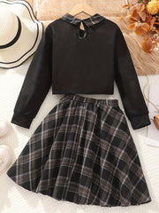 Girls Colorblock Plaid Sweatshirt Top Plaid Skirt Set