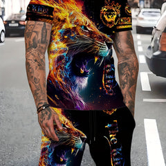Lion 3d Pattern Mens 2 Piece Outfits Short Sleeve T shirt And Shorts Set