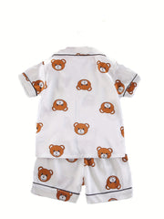 Girls Bear Pattern Pajama Set Short Sleeve Top & Shorts Kids Summer Clothes