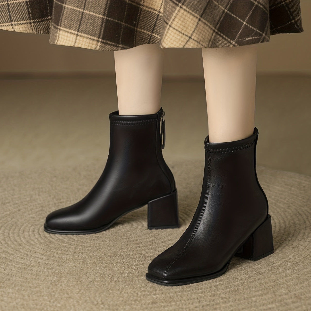 Women's Chunky Heel Boots Solid Square Toe Back Zipper Casual Shoes
