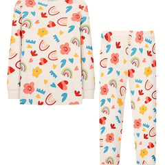 Floral Pattern Kid's 2pc Pajama Set, Long Sleeve Top & Pants, Cotton PJ Set