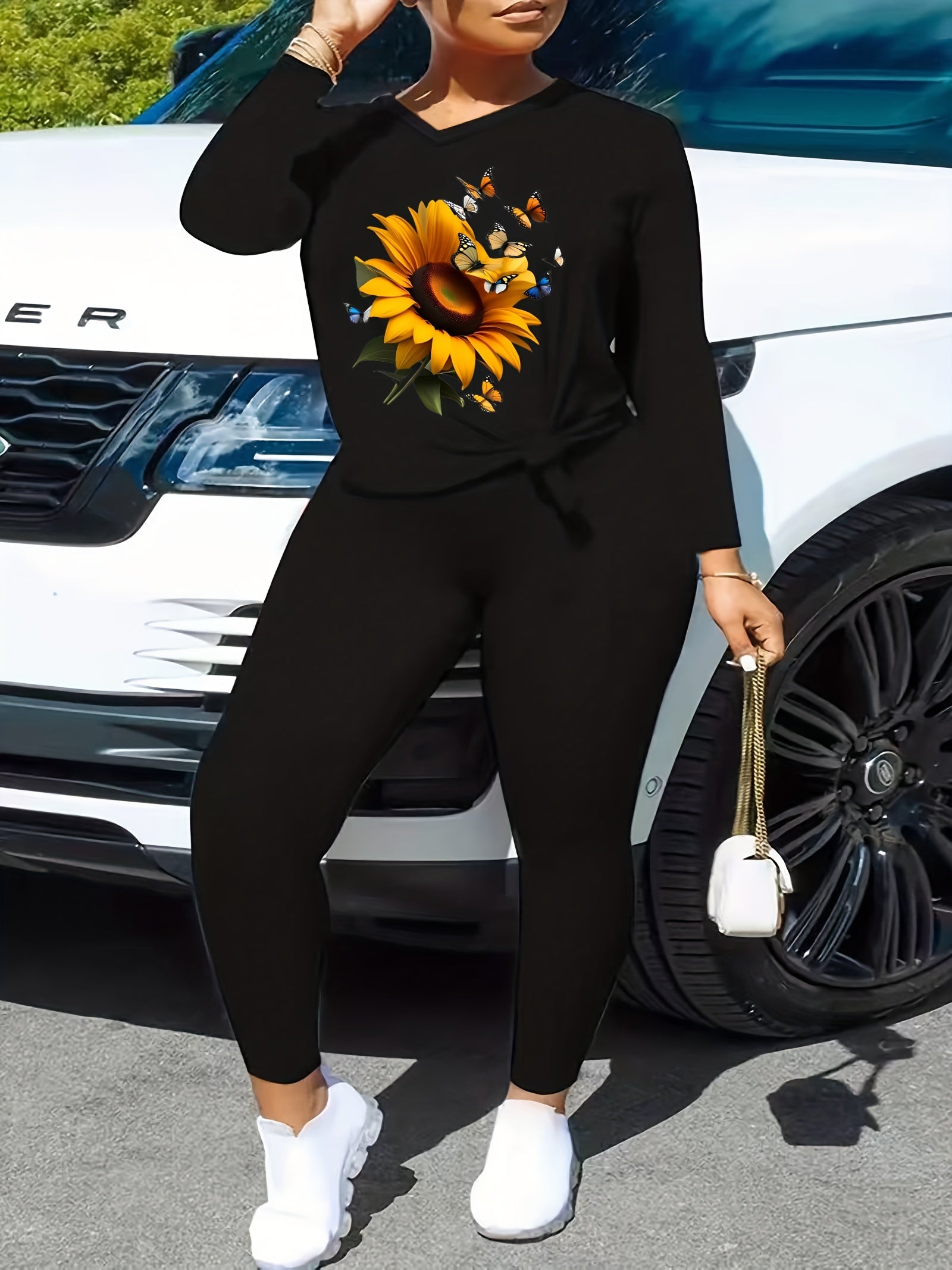 2 Piece Set Sunflower & Butterfly Print V Neck Top & Leggings