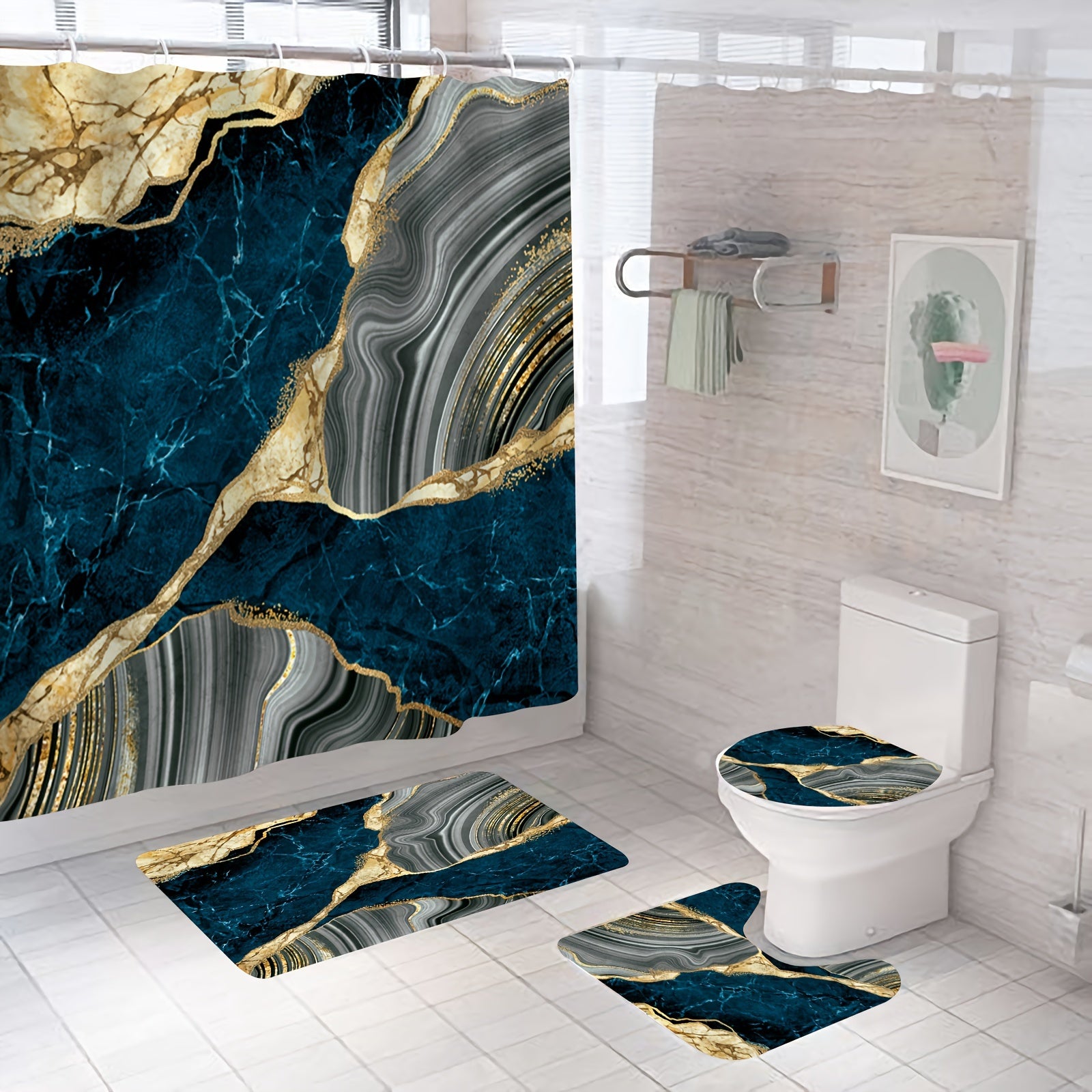 Marble Shower Curtain Set Abstract Waterproof Fabric Bathroom Tub Decor