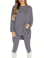 Solid Long Sleeve Top & Leggings Two Piece Set