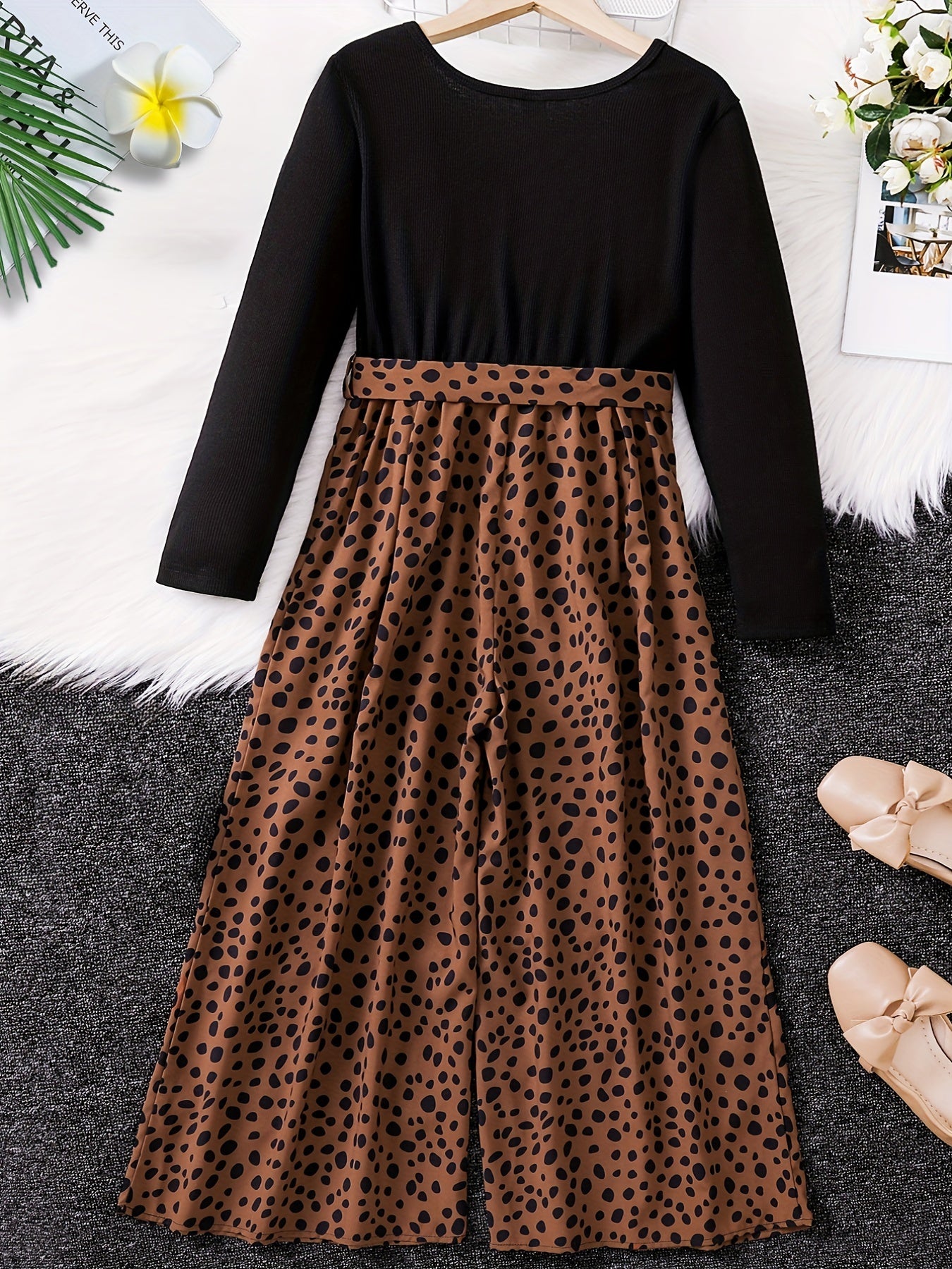 Leopard Colorblock Long Sleeve Jumpsuit for Girls