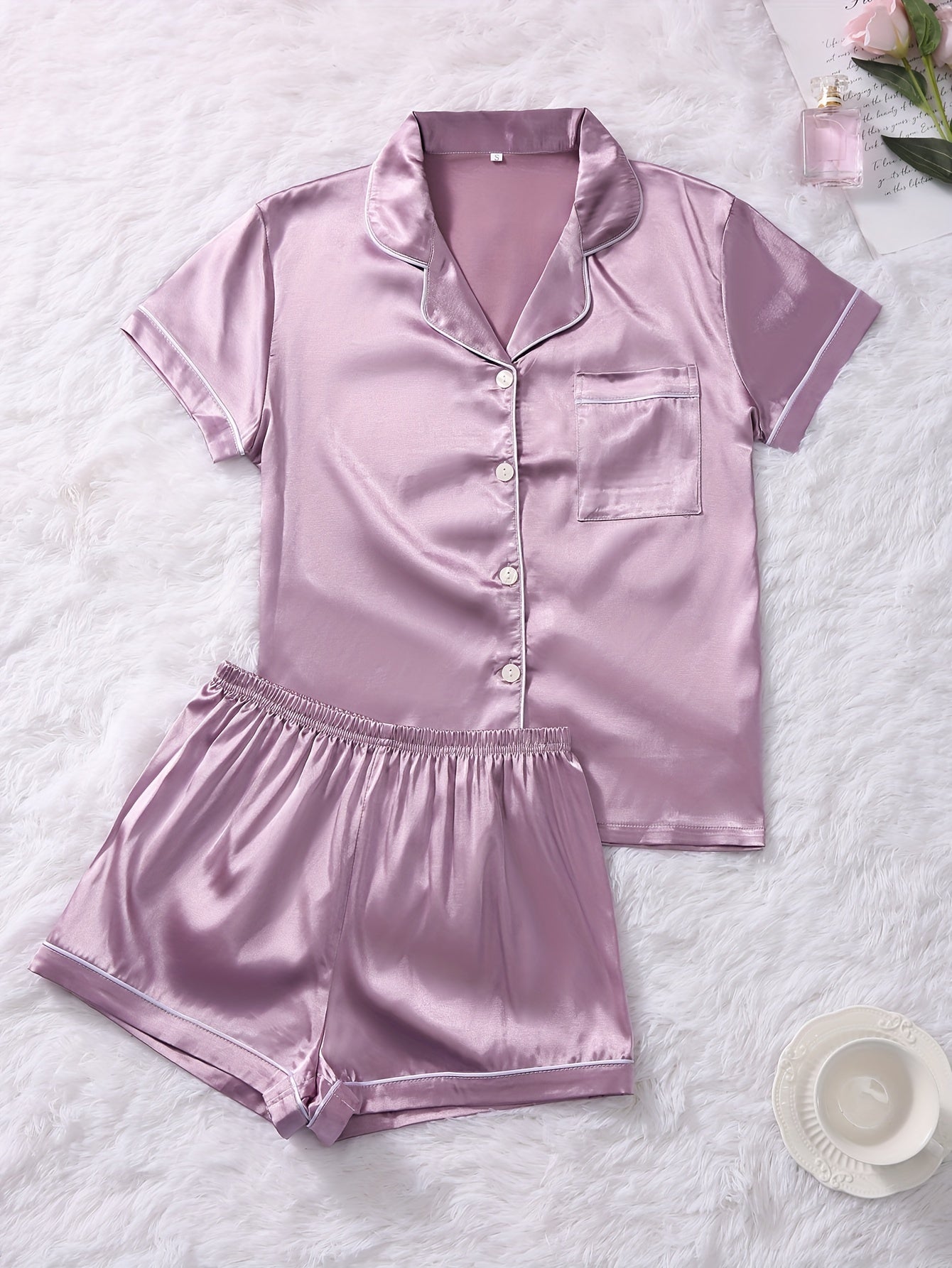 Solid Satin Lounge Set Short Sleeve Lapel Buttons Top & Elastic Waistband Shorts