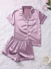 Solid Satin Lounge Set Short Sleeve Lapel Buttons Top & Elastic Waistband Shorts