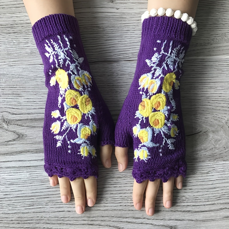 Hand Crochet Gloves Small Yellow Flower Embroidered Winter Warm Ladies Half
