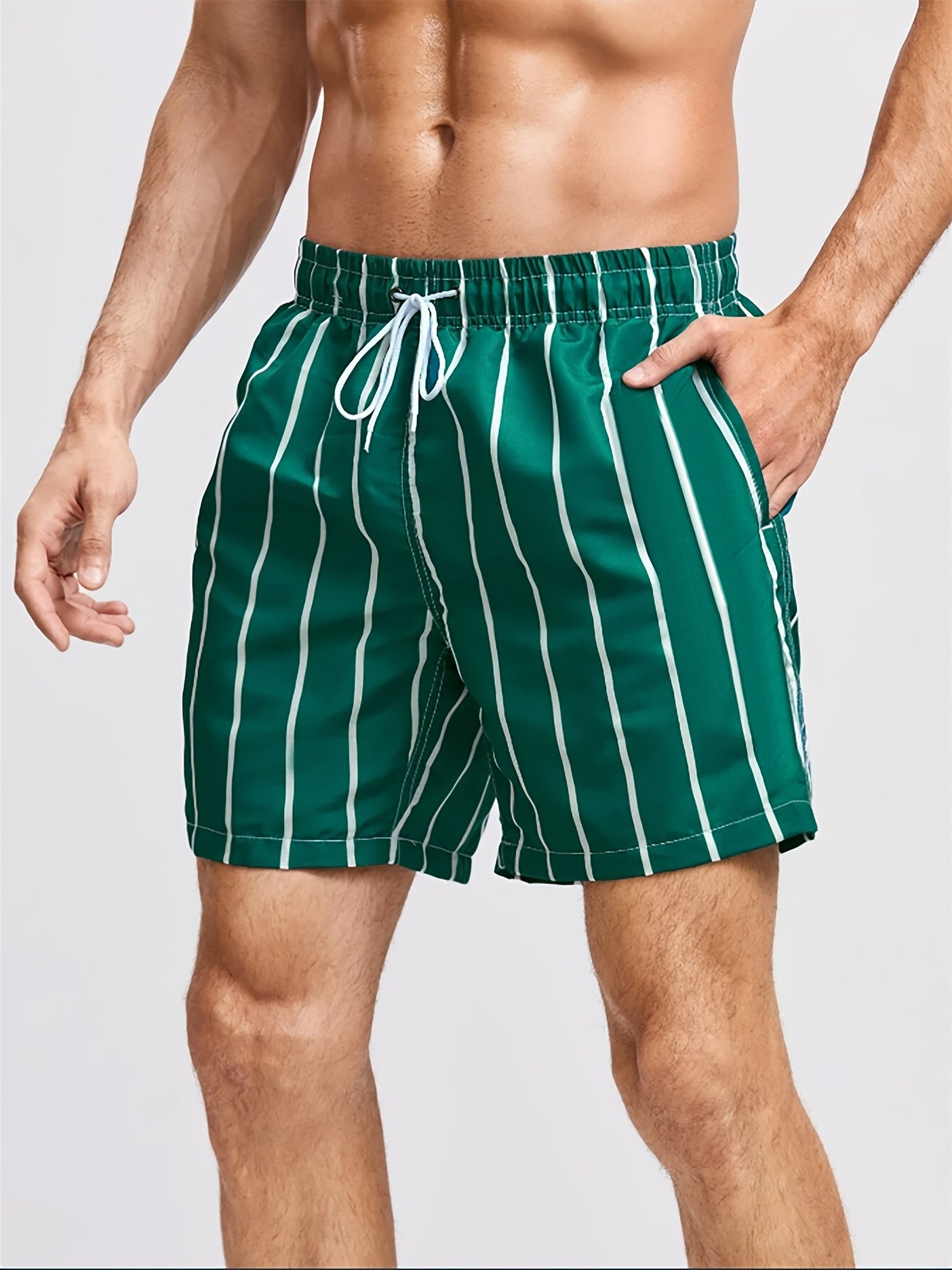 Men's Striped Board Shorts with Mesh Lining & 2 Pockets