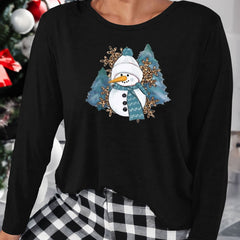 Christmas Lounge Top Women's Plus Leopard Snowflake & Snowman Print