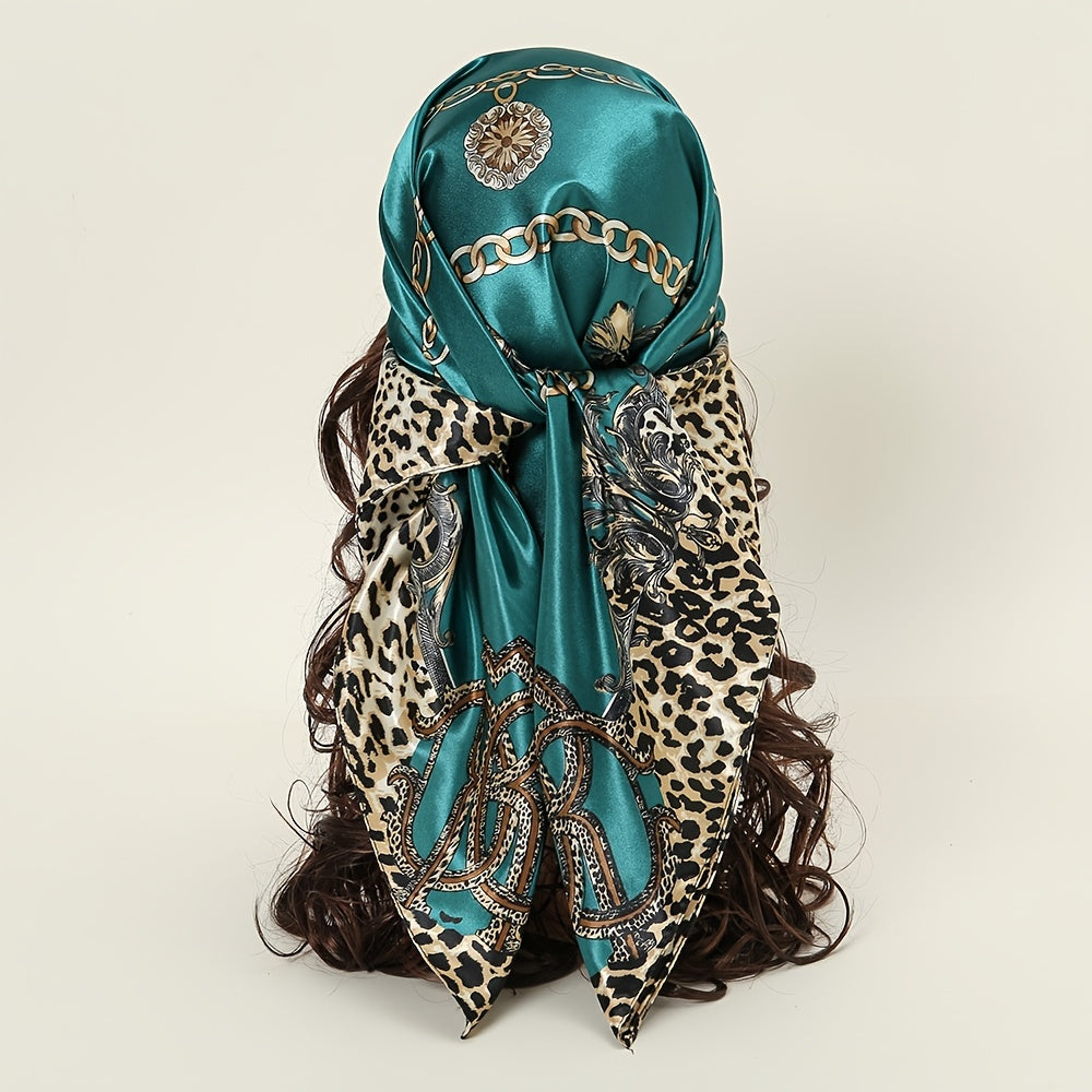 Chain Leopard Satin Square Scarf Retro Colorful Warm Shawl
