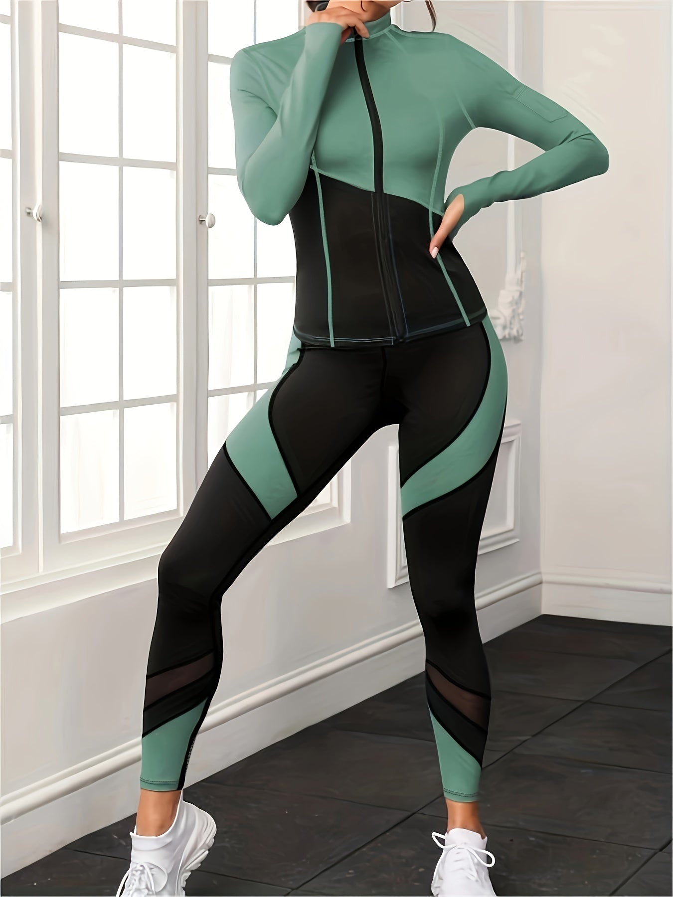 Yoga Set Contrast Long Sleeves Zip Up Slim Fit Tops & Seamless High Elastic Yoga
