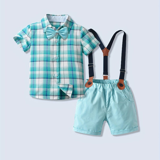 Boy's Gentleman Bowtie Shirt & Overalls Set for Summer Party