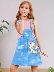 Unicorn Print Crew Neck Short Sleeve Dress for Summer Party