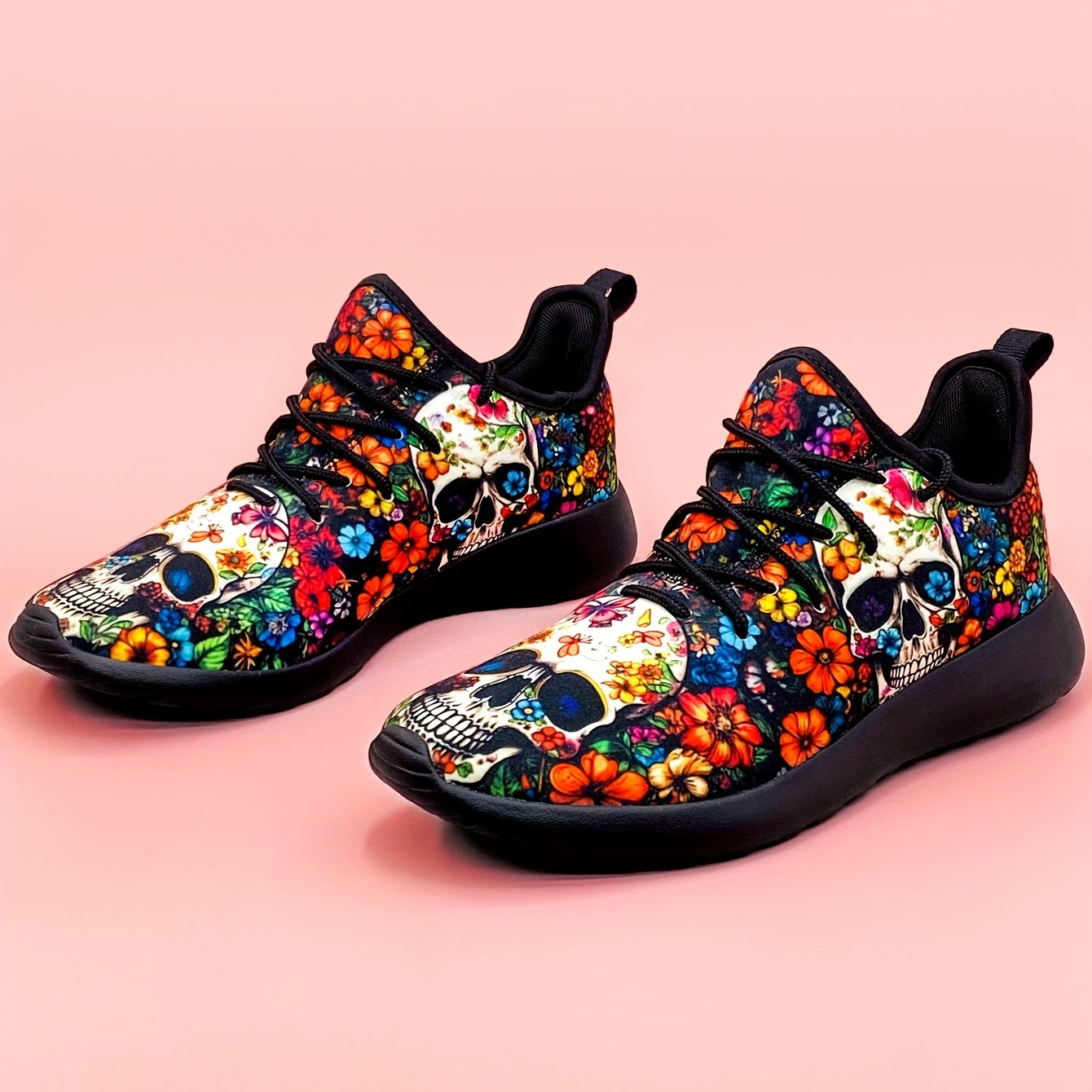 Women's Skull & Flowers Print Sneakers Lace Up Outdoor Shoes Lightweight Low Top