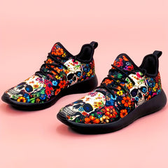 Women's Skull & Flowers Print Sneakers Lace Up Outdoor Shoes Lightweight Low Top