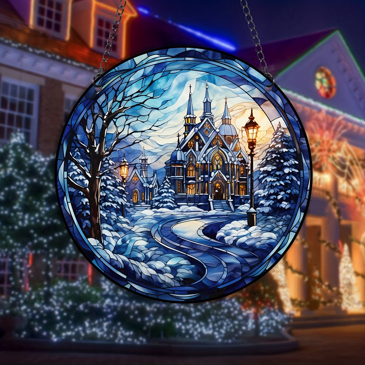 Christmas Snowman Suncatcher Stained Glass Window Hanging