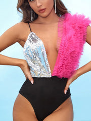 Sequin Frill Trim Plunging Neck Bodysuit