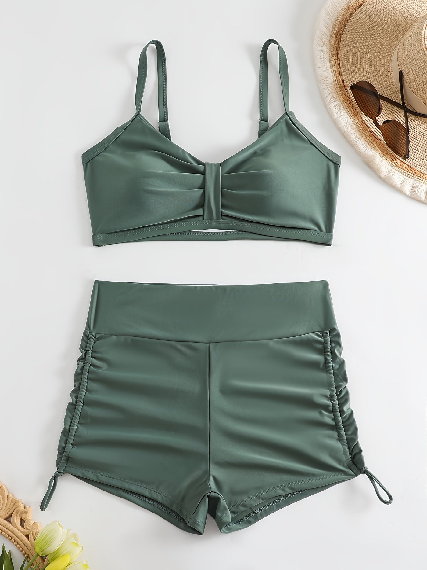 Vacay Bikini Set Solid V Neck Padded Bra & Lace Up Shorts Swimsuit