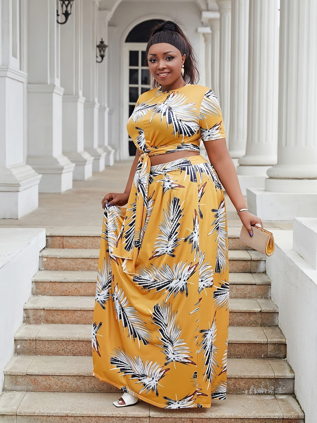 Floral Print Plus Size Crop Top & Maxi Skirt Set
