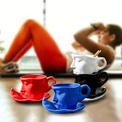 Unique Face Shaped Water Cup With Saucer Creative Coffee Cup Set