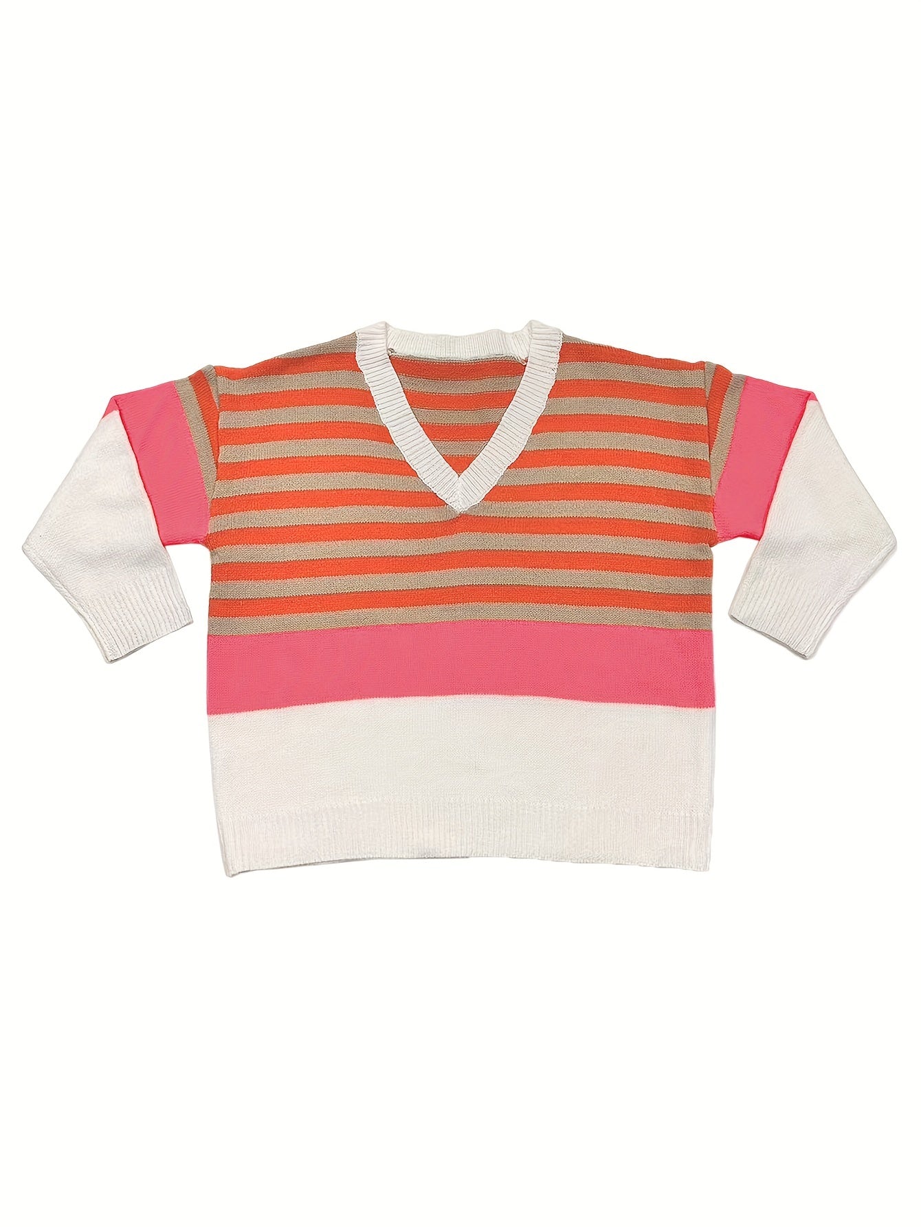 Colorblock Stripe Print V Neck Sweater Women's Plus Long Sleeve Jumper
