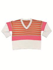 Colorblock Stripe Print V Neck Sweater Women's Plus Long Sleeve Jumper