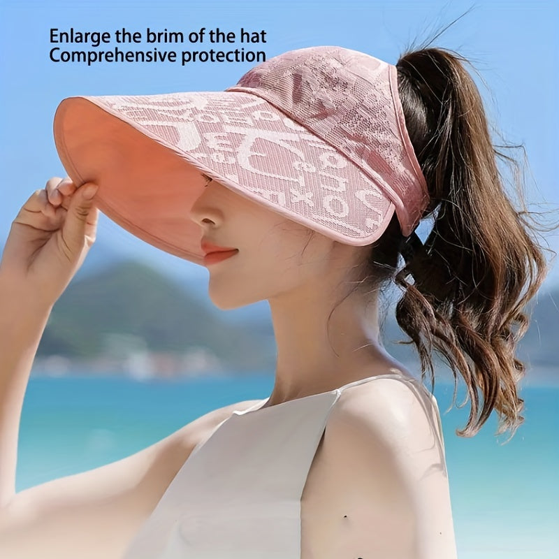 Solid Jacquard Visor Hat Wide Brim Sunscreen Travel Beach Hat for Women