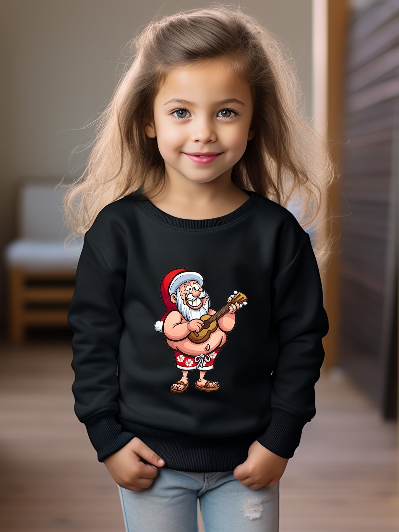 Christmas Santa Print Girls Pullover Sweatshirt Long Sleeve Crew Neck Tops