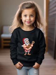 Christmas Santa Print Girls Pullover Sweatshirt Long Sleeve Crew Neck Tops