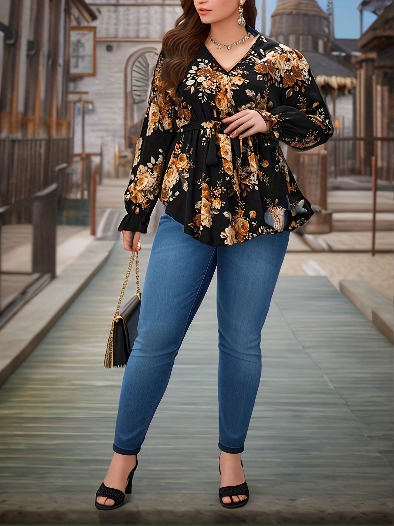 Plus Size Romantic Blouse Women's Plus Floral Print Long Sleeve