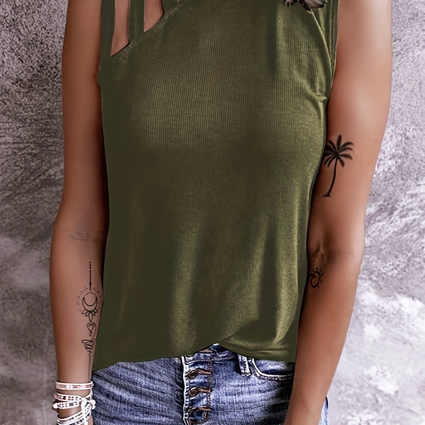 Solid Ribbed Cut Out Mock Neck Tank Top