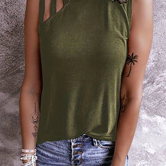 Solid Ribbed Cut Out Mock Neck Tank Top